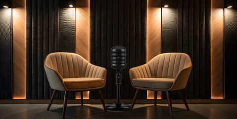 Two Chairs and Microphones in Podcast Interview Room