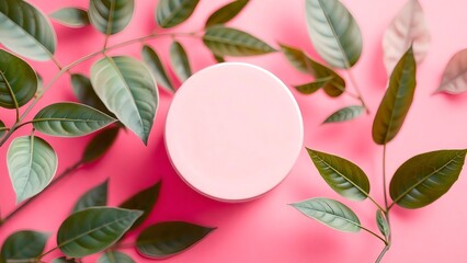 Obraz premium Natural Skincare Cream Jar with Green Leaves on Pink Background
