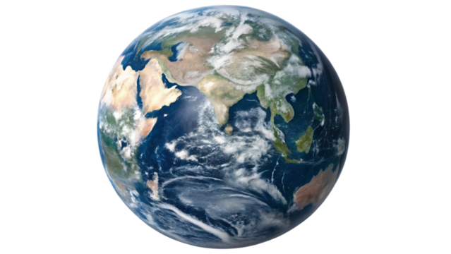 The planet earth isolated on transparent background, showing continents, oceans, and cloud formations