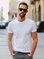 Man in white tee sunglasses beard hands in pockets urban setting