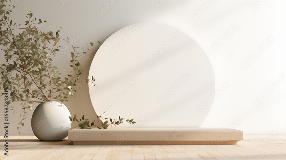 Poster minimalist product display with vase and circular backdrop in neutral tones