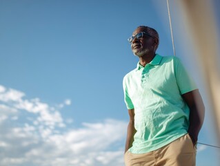 Man on a boat wearing sunglasses and a light green polo shirt stands looking towards the horizon