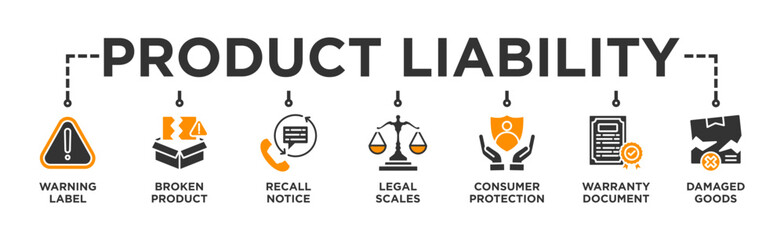 Product Liability banner web icon illustration concept with icon of Warning Label, Broken Product, Recall Notice, Legal Scales, Consumer Protection, Warranty Document, Damaged Goods