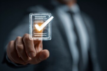 Hand touches a glowing checkmark on a document icon Dark suit in the background