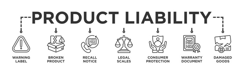 Product Liability banner web icon illustration concept with icon of Warning Label, Broken Product, Recall Notice, Legal Scales, Consumer Protection, Warranty Document, Damaged Goods