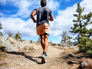 Man running on a dirt trail back view wearing shorts and tshirt Sunny sky trees and rocks are visible