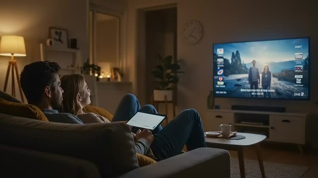 Couple relaxing on couch watching television