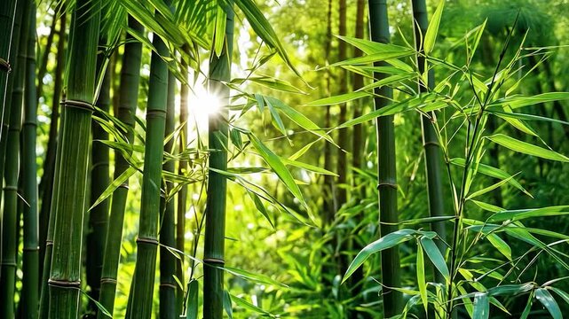 Lush green bamboo stalks and leaves, sunlight filtering through