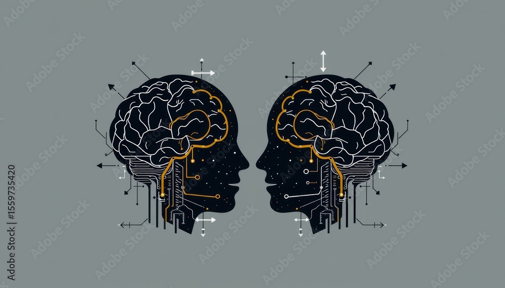 Poster two black human profiles with brain illustrations face each other, connected with circuits and arrow