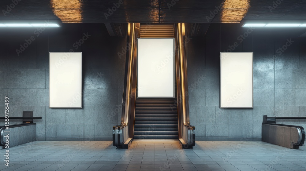 Poster modern subway station with escalators and blank advertisement posters.