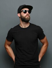 Man with beard cap and sunglasses in black tshirt against a gray background hands in pockets