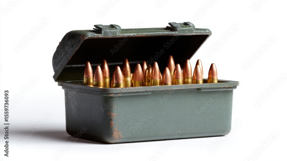 Poster ammunition box open with bullets inside on white background