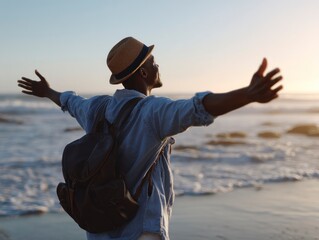 Man with hat backpack arms outstretched on beach Waves and horizon visible in background