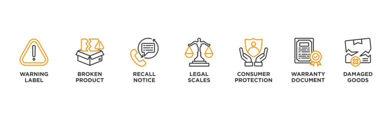 Product Liability banner web icon illustration concept with icon of Warning Label, Broken Product, Recall Notice, Legal Scales, Consumer Protection, Warranty Document, Damaged Goods