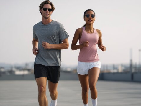 Man woman in activewear run wear sunglasses on a rooftop focused on the foreground