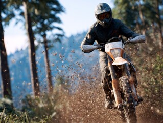 Motorcyclist speeding on a dirt trail kicking up debris amid blurred trees