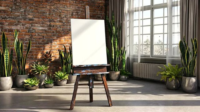 Blank canvas on an easel in a modern studio with brick walls and lush greenery