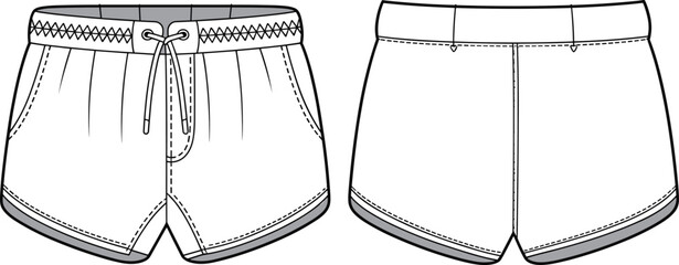 Blank women's athletic shorts template for fashion and sportswear design, with contrast trim and detailed technical drawing for mockups.