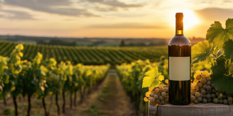 Fototapeta premium A vineyard at sunset with grapevines stretching into the horizon, wine bottle in the foreground