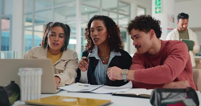 Laptop, university and students with discussion for learning, education or brainstorming thesis. College, team and people on computer for knowledge, studying notes or help with assignment research