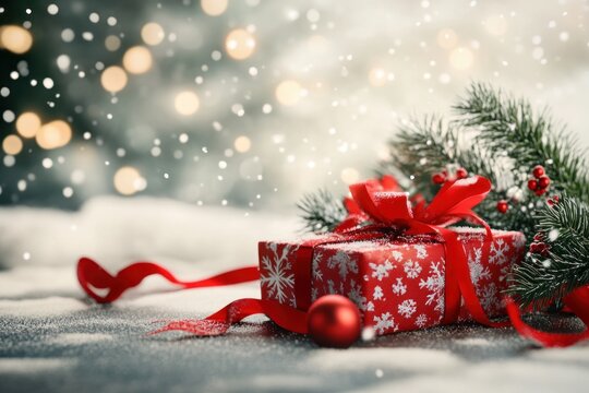 Christmas background mockup with red ribbon presents, snowflakes and soft bokeh, 3D render