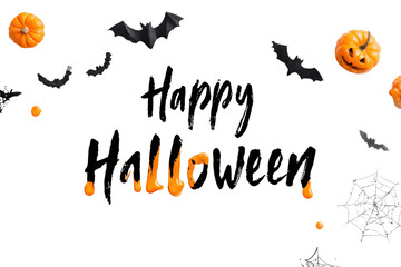 Halloween-themed decorations featuring pumpkins, bats, and cobwebs on a white background.