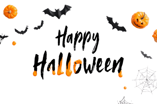 Halloween-themed decorations featuring pumpkins, bats, and cobwebs on a white background. - Powered by Adobe