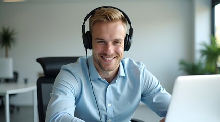 Smiling Businessman with Headphones in Modern Office, Video Call, Happy Employee, Light Blue Shirt