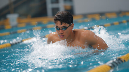 Swimming for Cardio Fitness with Goggles and Kickboard in Indoor Pool
