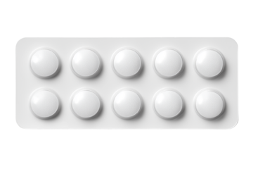 Pill pack with ten white tablets, isolated on a plain background, showcasing medication for healthcare and pharmacy purposes.