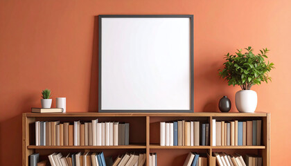 Empty Wooden Frame On Rustic Bookshelf Against Terracotta Wall