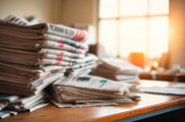 Newspapers pile, office table. Short depth of field. Focus on the paper.
