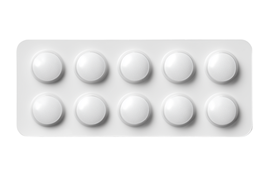 Pill pack with ten white tablets, isolated on a plain background, showcasing medication for healthcare and pharmacy purposes.