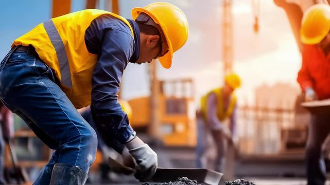 Construction workers wearing helmets and safety vests are working on a building site, focusing on their tasks.