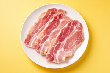Sliced pork belly meat sits on a white round plate against a vibrant yellow backdrop