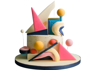 Abstract geometric cake decoration with colorful shapes isolated on transparent background