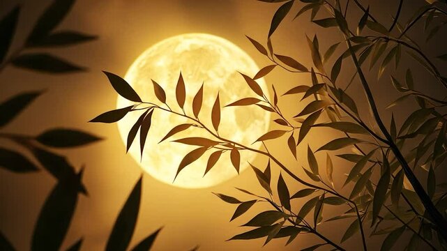 Full moon behind bamboo leaves