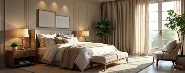 Luxurious Bedroom Interior Plush Textiles, Elegant Furniture, and Refined Decor Create a Serene and Sophisticated Space Ideal for Restful Relaxation.