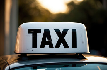 Taxi sign detail. Close-up with bokeh. Urban transport, city and travel image.
