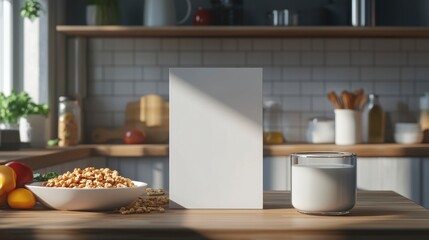 Blank cereal box mockup in a sunny kitchen with bowl of cereal and milk glass.