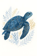 Fototapeta premium Detailed blue sea turtle swims amidst golden coral branches in an artistic watercolor illustration