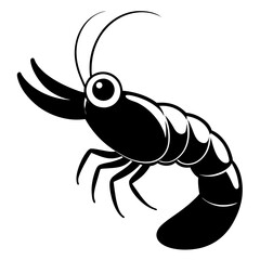 Stylized black silhouette of a shrimp with large eyes