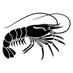 Stylized black shrimp silhouette with long antennae and legs