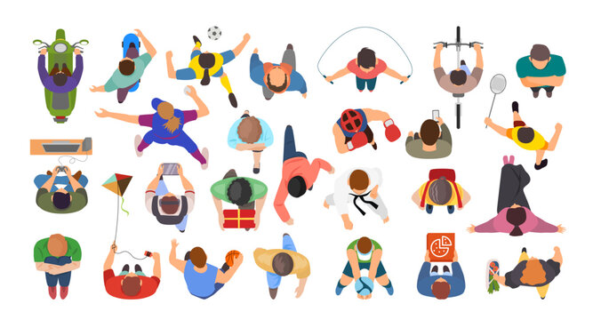 Set of Top view of people set collection, Men and women. View from above. Male and female characters, cartoon style, bald, walking, boy, playing, badminton, basketball, mobile, game, volleyball.