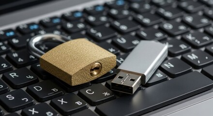 Usb flash drive and padlock on keyboard symbolizing data security and protection