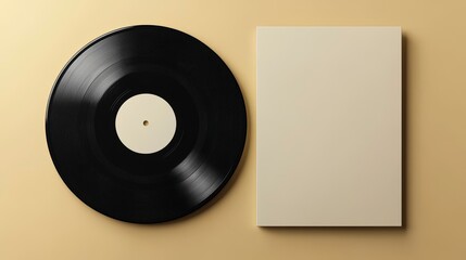 Black vinyl record with blank album cover on beige background.