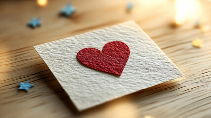 Red heart on textured card with warm light on wooden surface