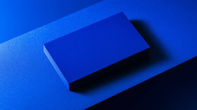 Minimalist stack of blue business cards on a textured blue background. Vibrant tones and clean layout are ideal for branding, identity, and corporate marketing visuals.