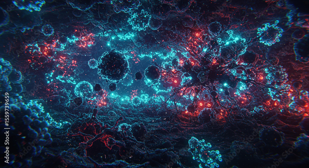 Poster microscopic view of cells with red and blue lights on a textured surface in a dark environment