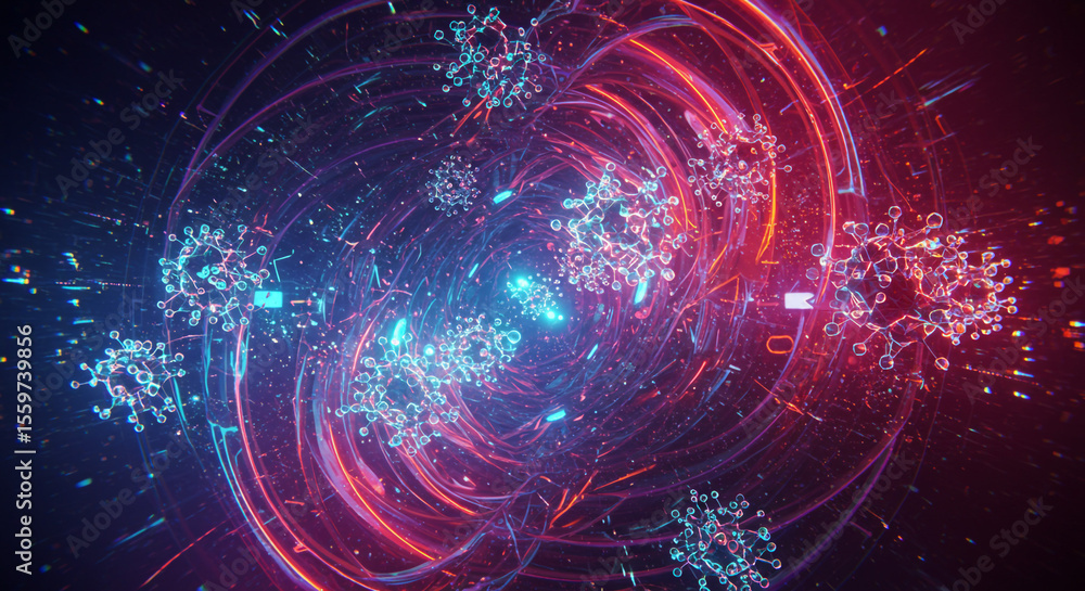 Poster abstract rendering of virus cells floating within a glowing circular vortex design space